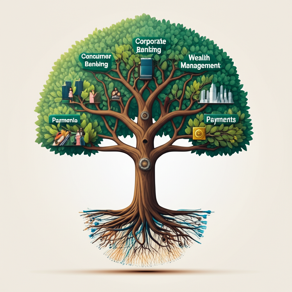 Tree illustration showing U.S. Bank's business segments as branches with digital transformation in the roots, symbolizing growth and innovation