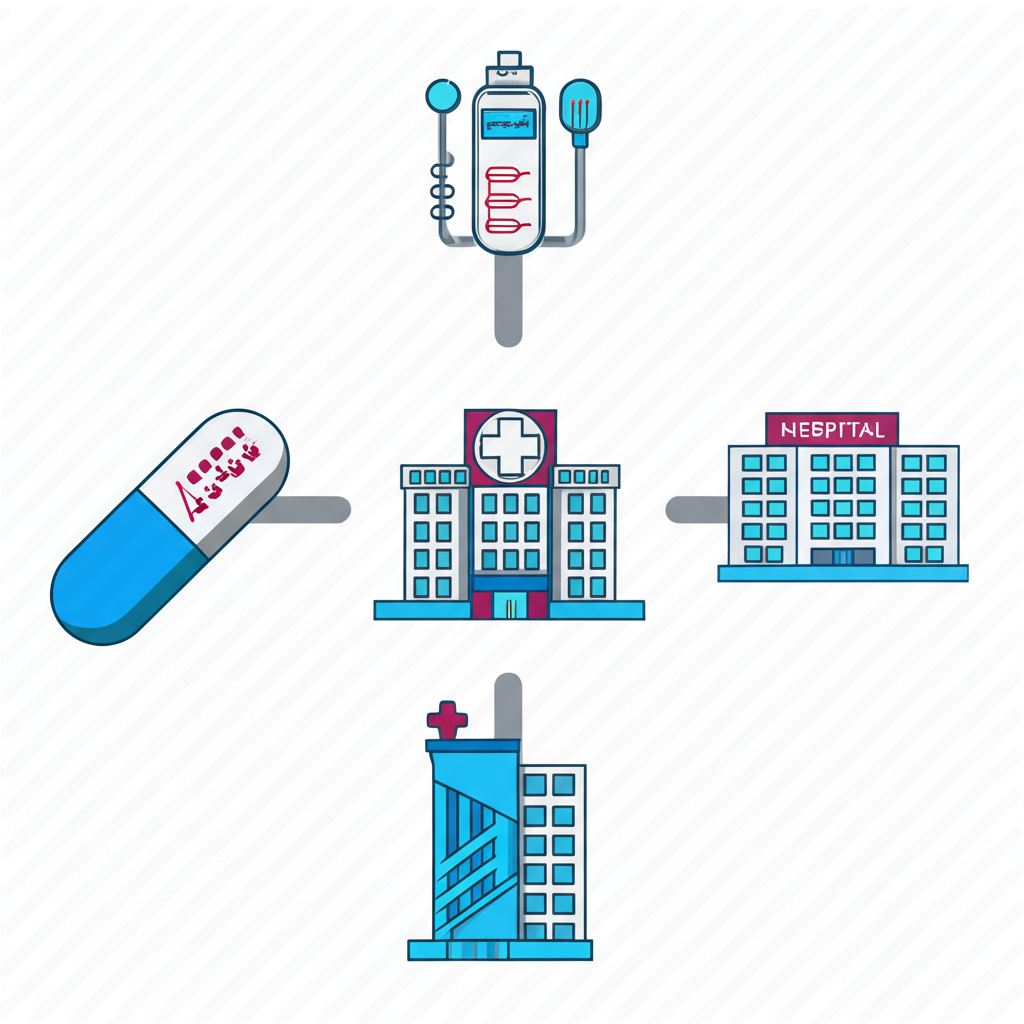 Illustration of interconnected healthcare sub-sectors including a pharmaceutical pill, medical device, hospital building, and digital health icon forming a vibrant ecosystem