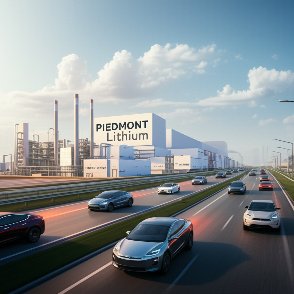 Futuristic North American landscape with electric vehicles and a Piedmont Lithium processing plant