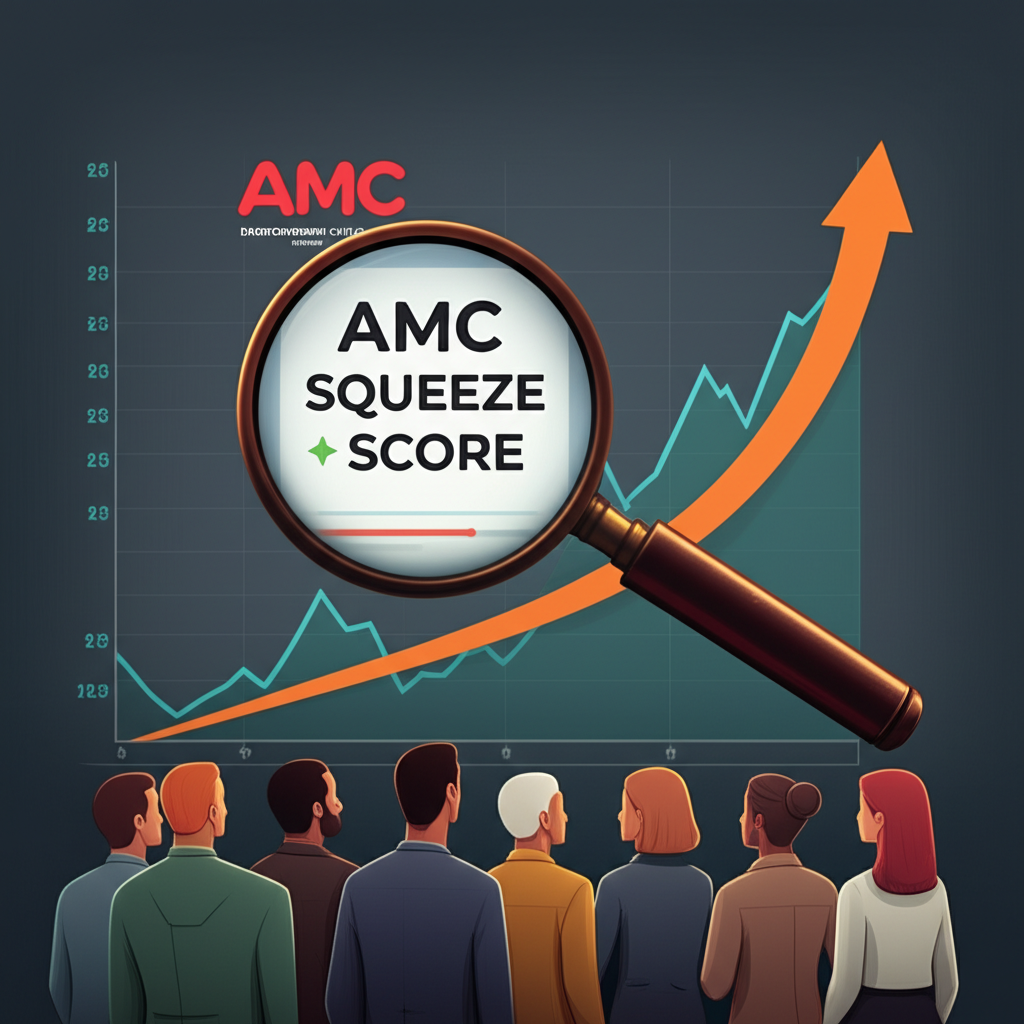 Illustration of a stock chart with a dramatic upward spike representing a short squeeze, magnifying glass over 'AMC Squeeze Score', retail investors watching, AMC logo in background