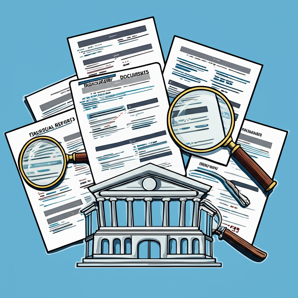 Illustration of open annual reports, quarterly filings, and regulatory documents with magnifying glasses highlighting key financial figures, set against a modern bank building