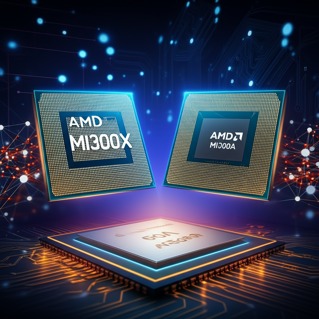 Futuristic illustration of AMD's MI300X and MI300A chips with glowing circuits, positioned as challengers in the AI accelerator market alongside complex AI models and the ROCm software platform