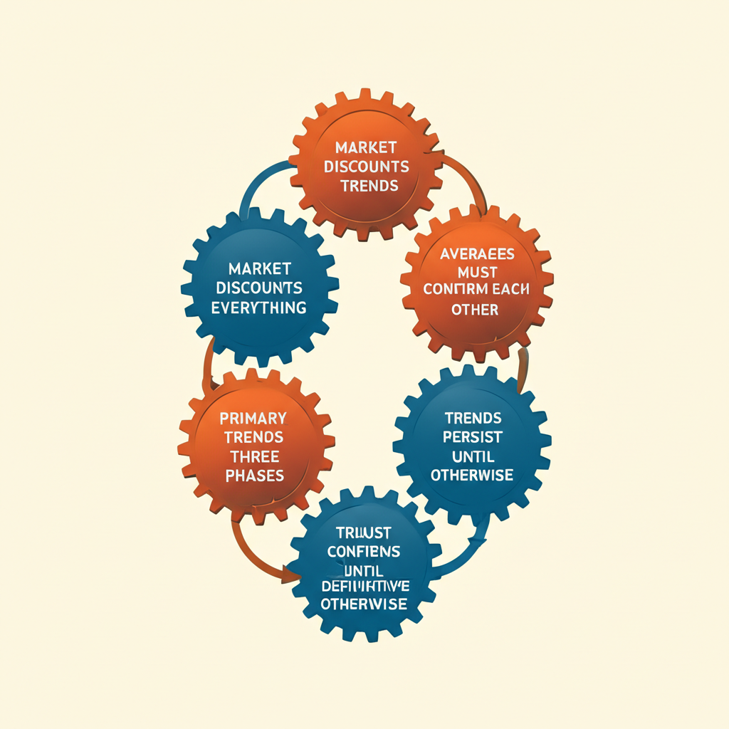 Visual representation of Dow Theory's six tenets as interconnected gears, symbolizing their role as a structured framework for market analysis