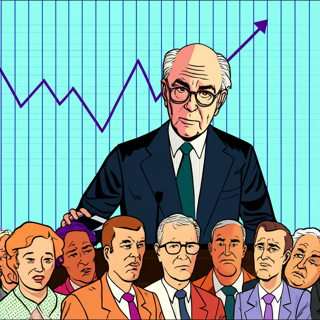 Illustration of Alan Greenspan restoring confidence with market recovery in the background