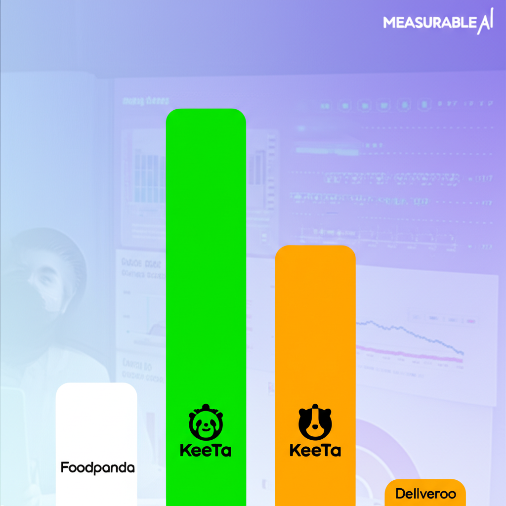 Illustration of KeeTa's market share growth in Hong Kong, shown as a rising bar graph with a KeeTa logo, while Foodpanda and Deliveroo graphs dip slightly. A Measurable AI dashboard is visible in the background, showing data insights. Bright, analytical style.
