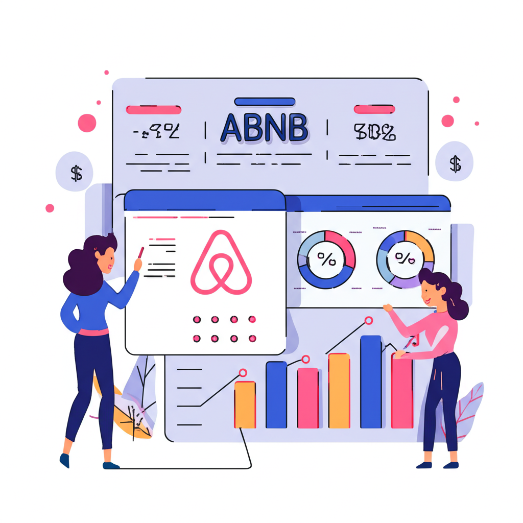 Illustration: Investors analyze Airbnb's global financial landscape, charts showing growth, representing ABNB's market dominance and earnings reports. Clean, modern style.