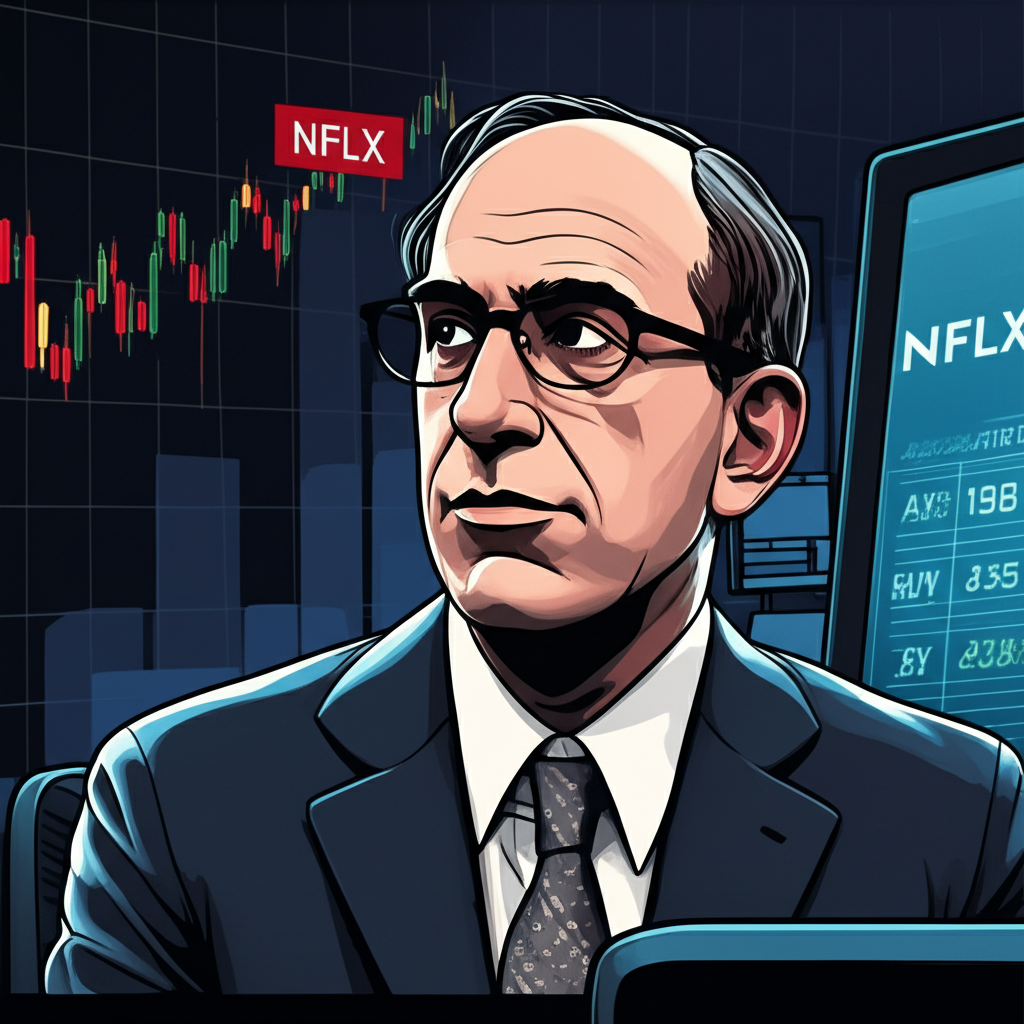 Illustration of Bill Ackman observing a volatile Netflix stock chart, symbolizing a high-stakes investment journey