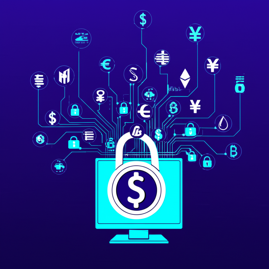 Illustration of global currencies flowing around a secure trading platform