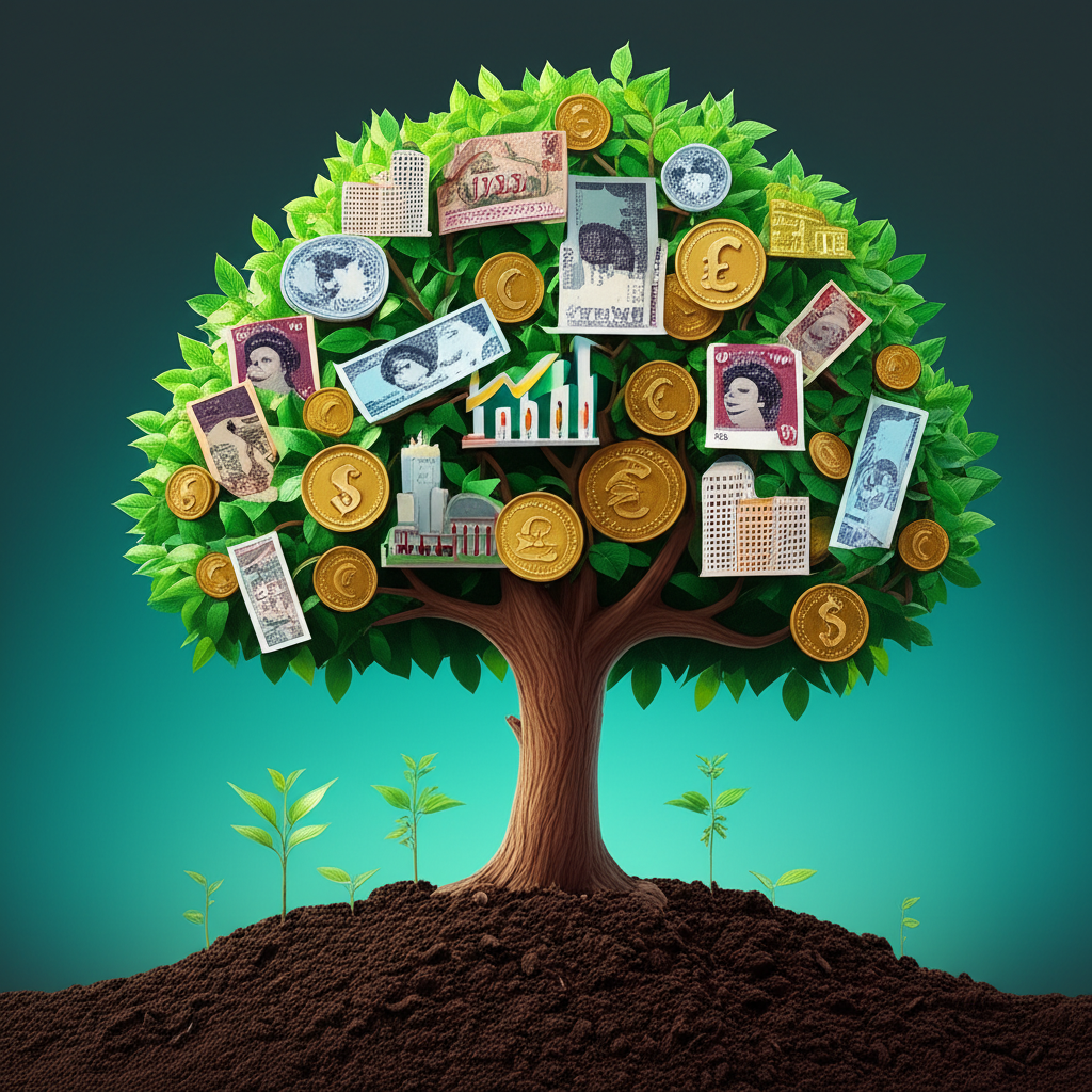 Illustration of a small plant growing into a money tree with investment symbols, representing growth potential of UK penny stocks