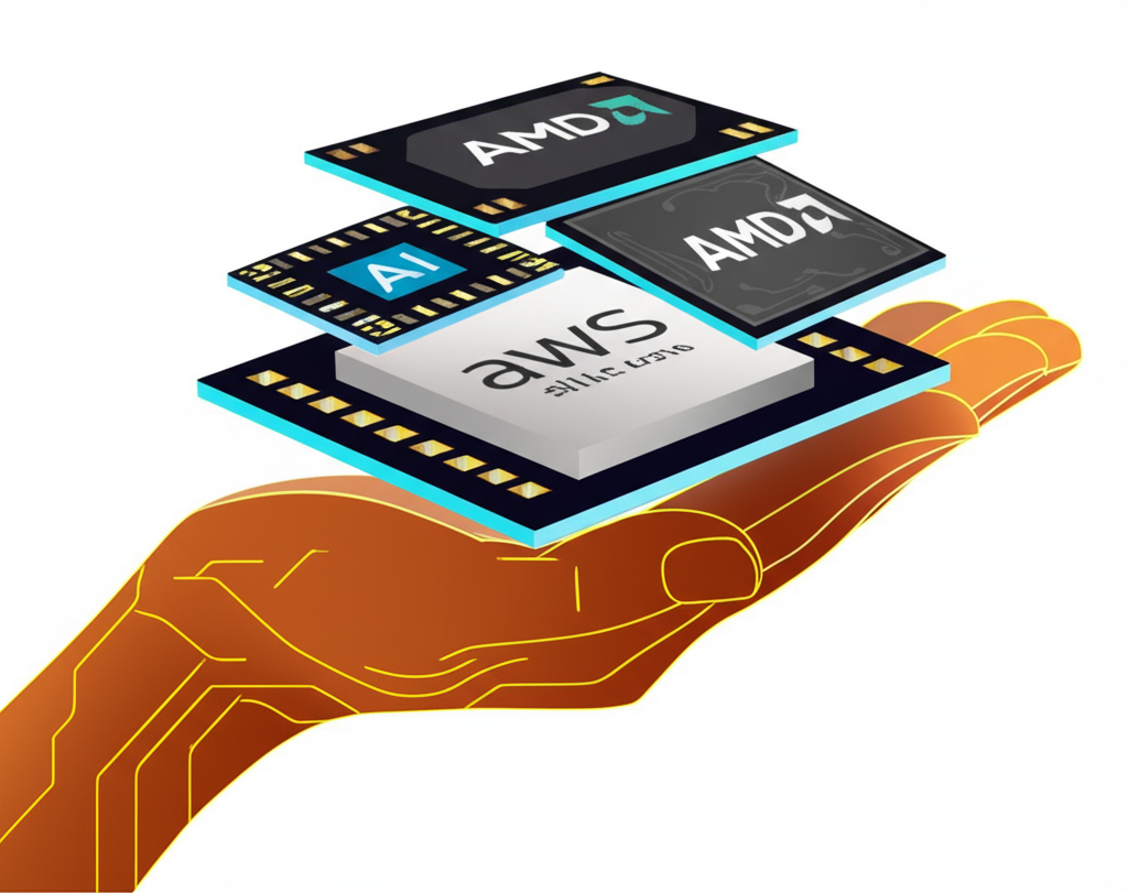 Illustration of AWS balancing multiple AI chips, including custom silicon and AMD hardware, symbolizing strategic diversification and reduced reliance on a single vendor