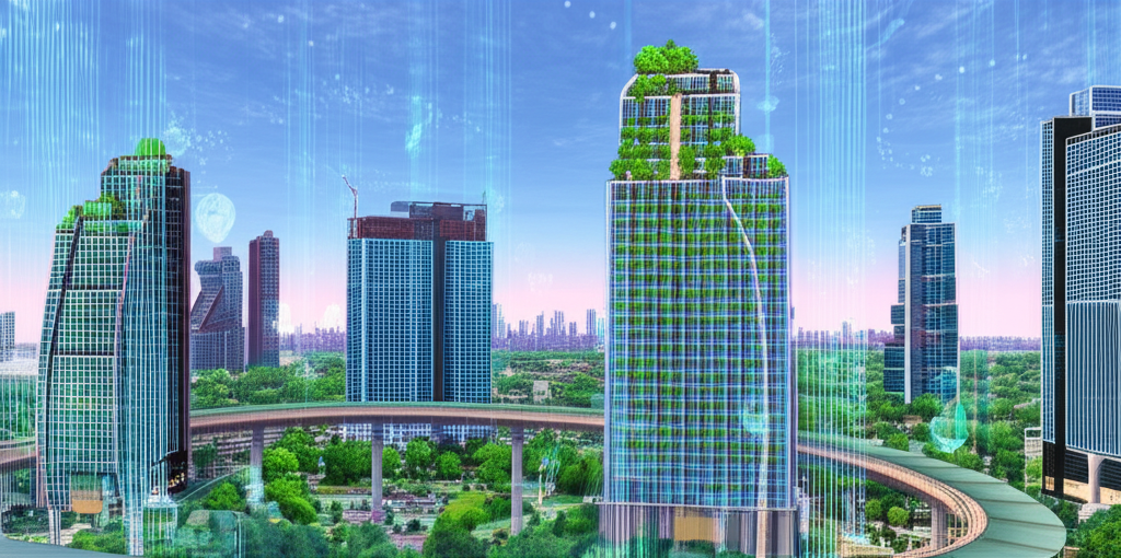Futuristic smart city skyline with integrated infrastructure, green spaces, and digital overlays symbolizing technological advancement and investment potential