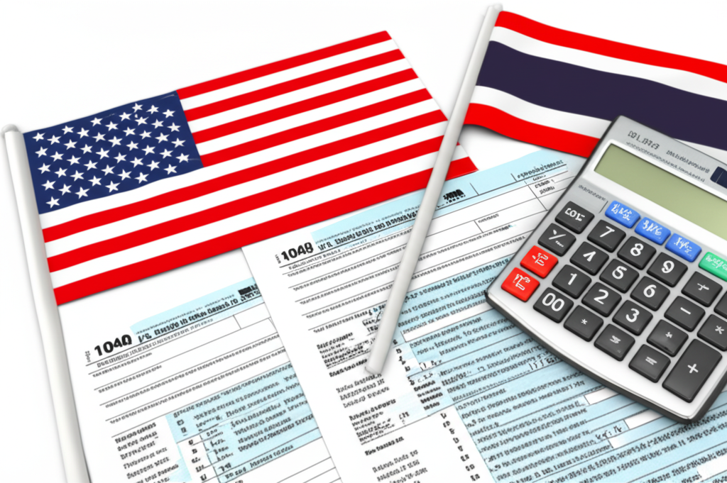 Tax forms with US and Thai flags, calculator, and foreign exchange documents on a wooden desk