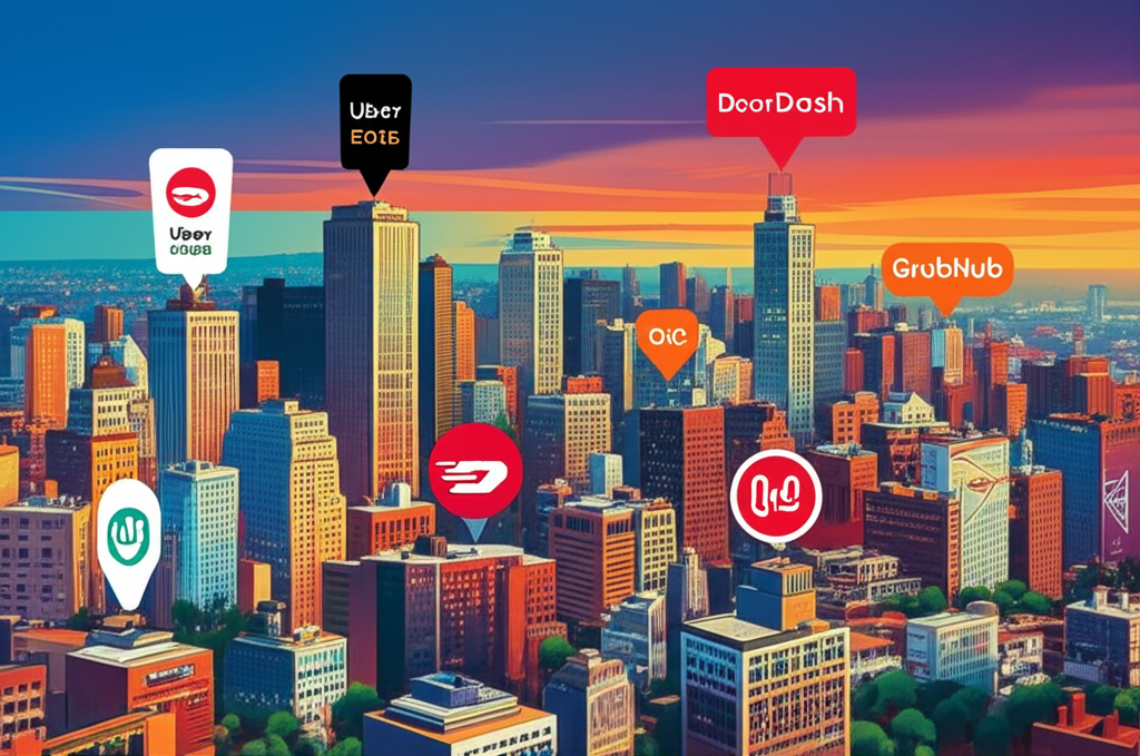 Illustration of a bustling city skyline with various food delivery app logos (Uber Eats, DoorDash, Grubhub) floating above, symbolizing intense competition and convenience. Style: vibrant, modern illustration.