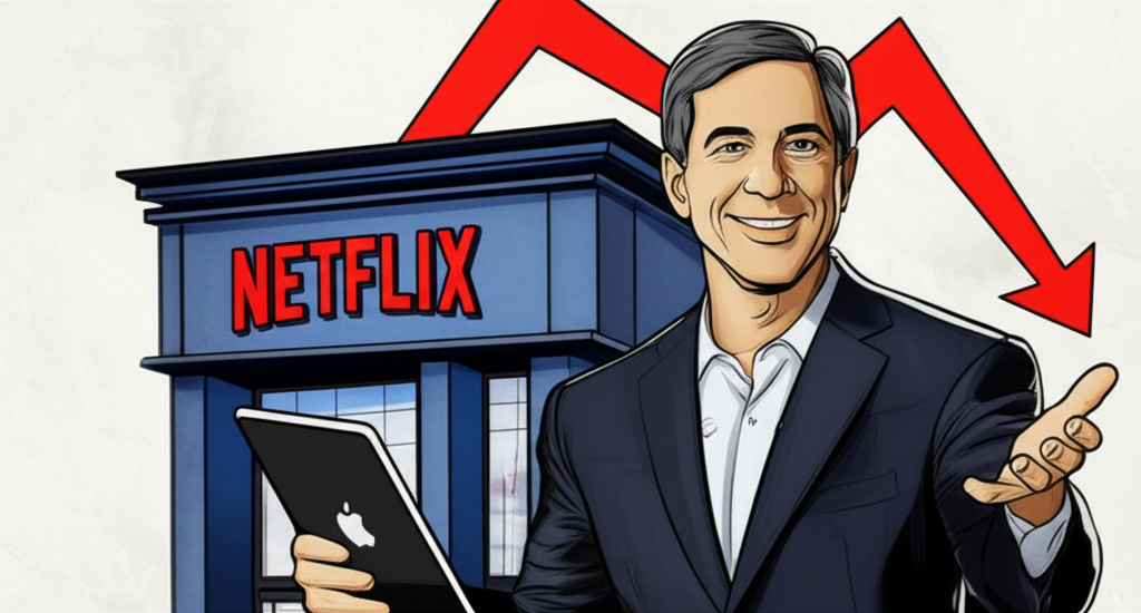 Illustration of Bill Ackman acquiring Netflix shares during a market dip, reflecting strong conviction in the streaming giant
