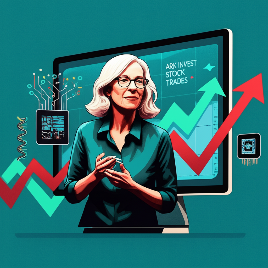 Dynamic illustration of ARK Invest stock trades with buy/sell arrows on a screen, surrounded by icons representing genomics, AI, and other innovation themes