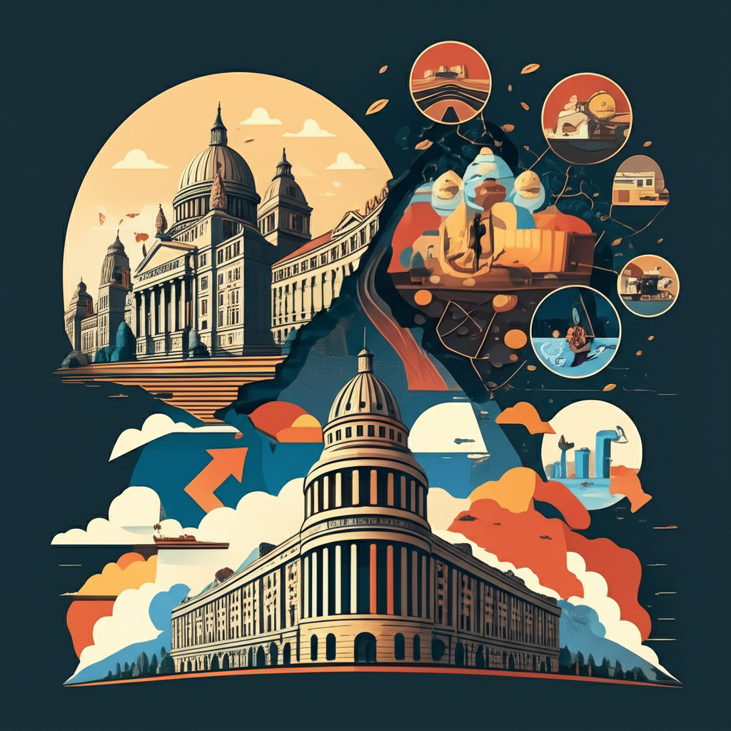 Illustration depicting Credit Suisse's 160-year financial journey, from railway financier to global bank. Visual elements show periods of robust growth and strategic expansion, transitioning to challenges and erosion of stability, culminating in an acquisition, in an illustrative style.