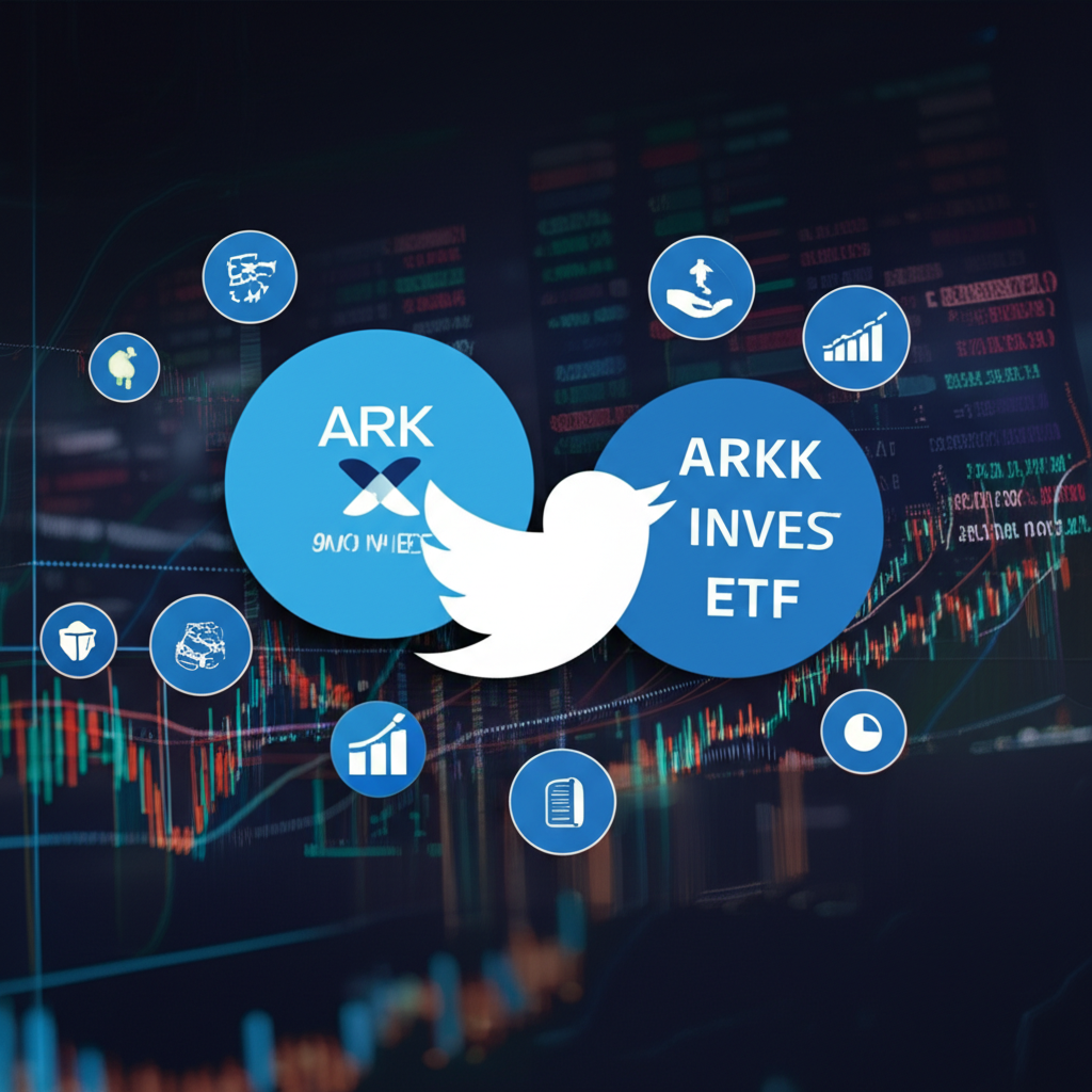 Investors engaging with ARK Invest and ARKK ETF on Twitter, surrounded by real-time data, tech innovation, and community discussion icons