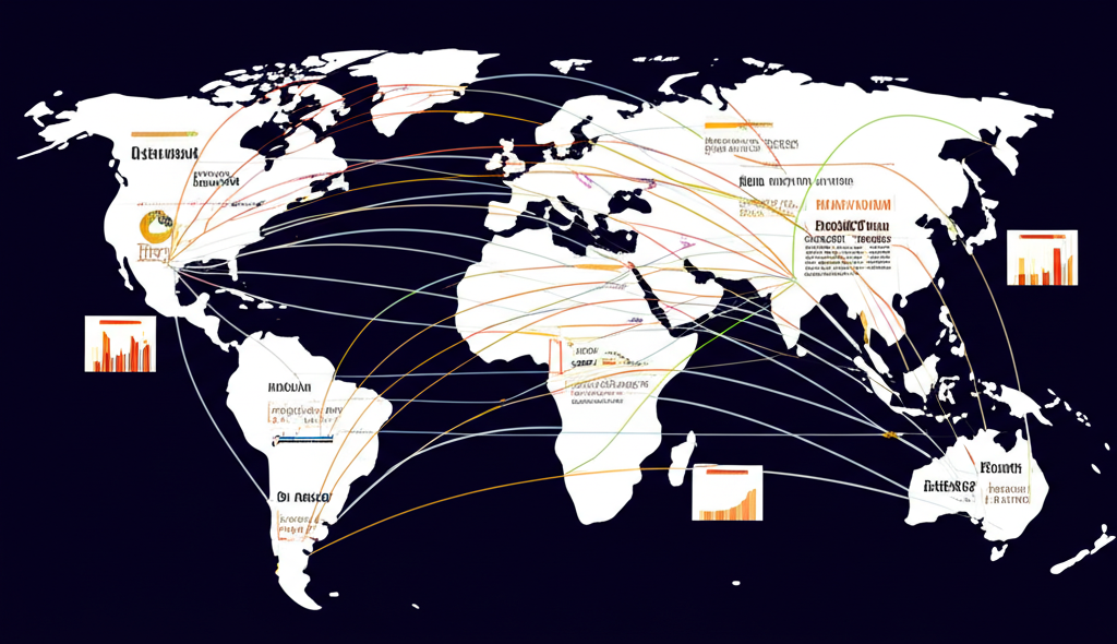 An illustration of a diverse global economic landscape with interconnected nations, showing arrows representing trade and influence, and small charts indicating growth and shifts in power, all set against a world map.