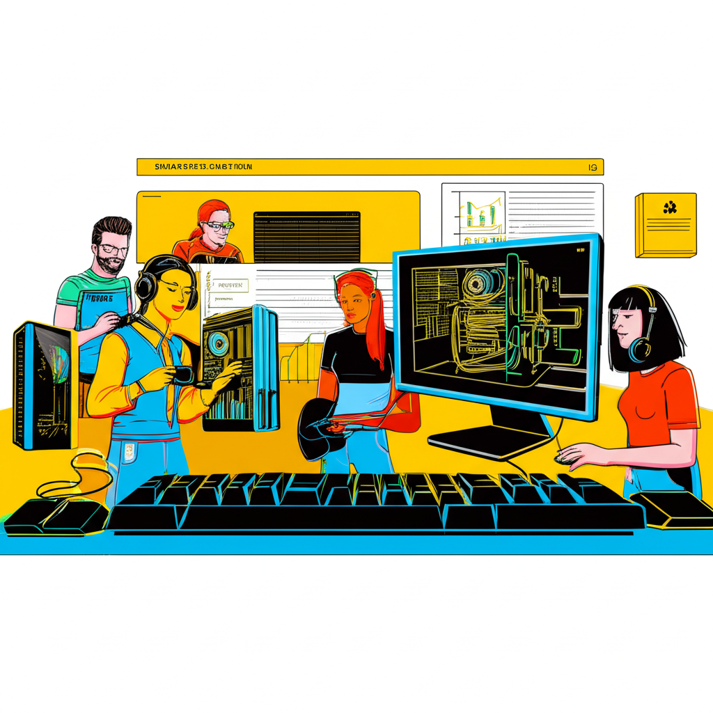 Illustration of a diverse group of gamers, content creators, and PC enthusiasts interacting with Corsair Gaming products, with a transparent overlay showing financial charts and corporate governance symbols