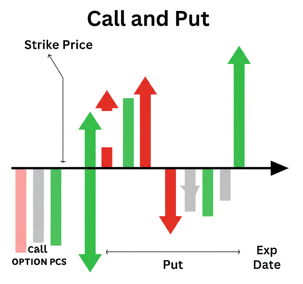 A visual explanation of call and put options with arrows on a stock chart, highlighting strike price and expiration date