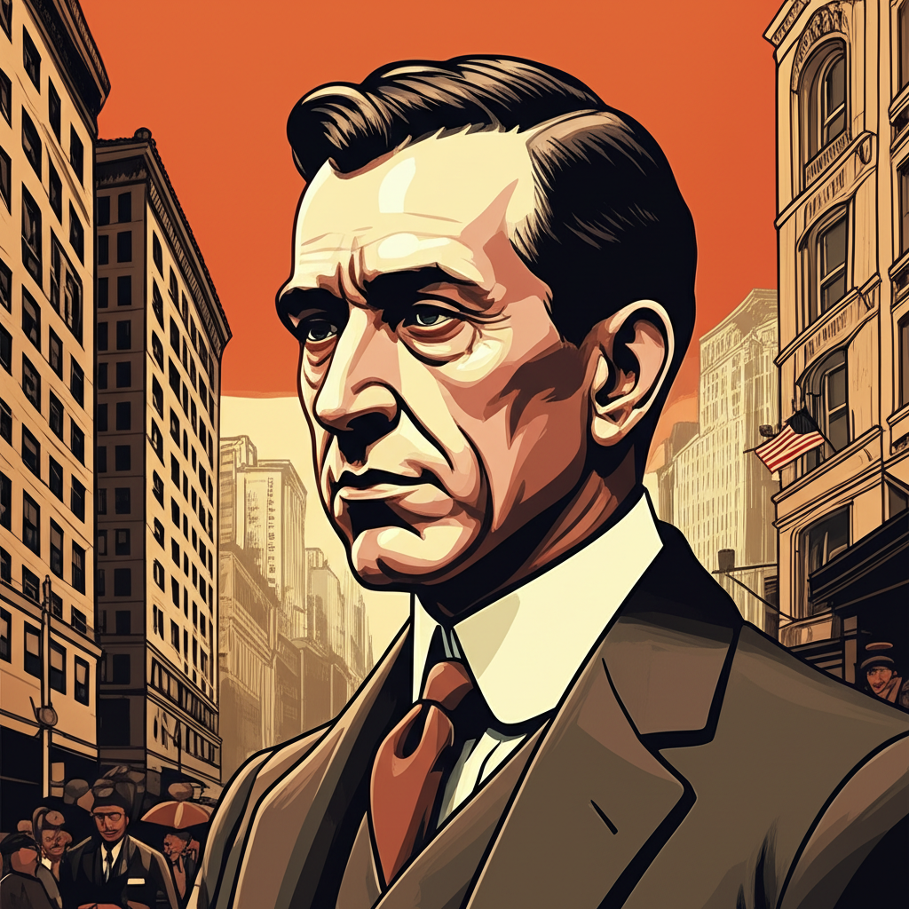 Illustration of Clarence Saunders standing against Wall Street, symbolizing the Piggly Wiggly short squeeze