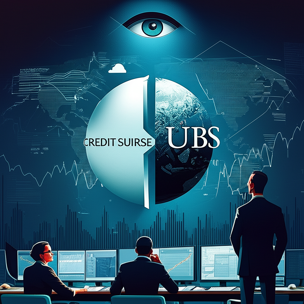 Illustration of Credit Suisse and UBS logos merging, symbolizing a transformative period in global finance. A financial landscape with charts and data, overlooked by diverse stakeholders (investors, analysts), under a watchful regulatory eye, in a clear, modern illustration style.