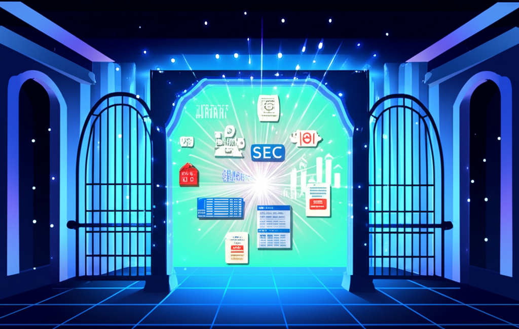 Illustration of a stylized gateway or portal, with various digital icons representing financial reports, SEC filings, and news feeds, leading to a vibrant information hub