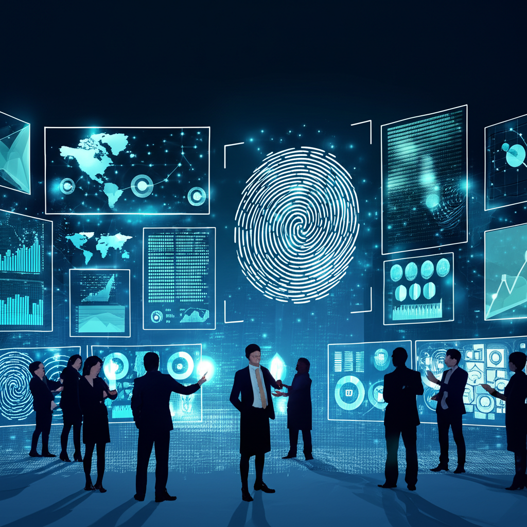 Biometric technology transforming identity verification, with fingerprints and facial recognition securing digital interactions. A diverse group of investors reviewing growth charts on screens, futuristic, interconnected world, illustration style