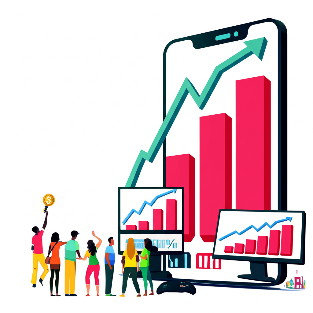A giant smartphone screen towering over smaller PC and console screens, with revenue charts showing upward trends and a diverse crowd of players. Illustration style, focus on scale and financial success.