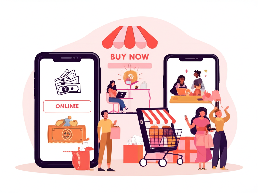 Illustration of consumers using BNPL at checkout, both online and in-store, with installment payments flowing smoothly