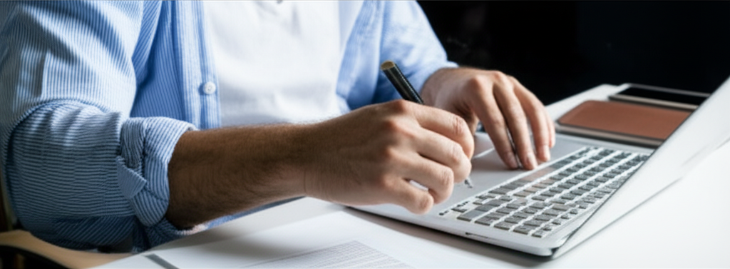Trader verifying documents, laptop