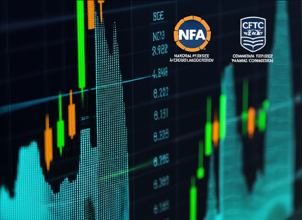 Forex market chart with NFA and CFTC regulatory logos displayed
