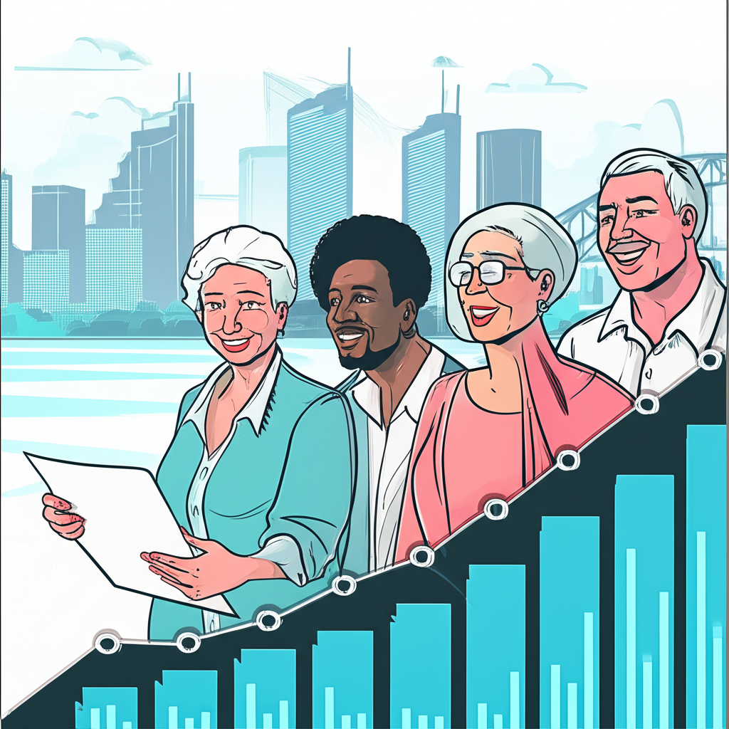 Diverse Australian investors looking at growing digital charts with Sydney skyline in background, symbolising long-term wealth and financial empowerment