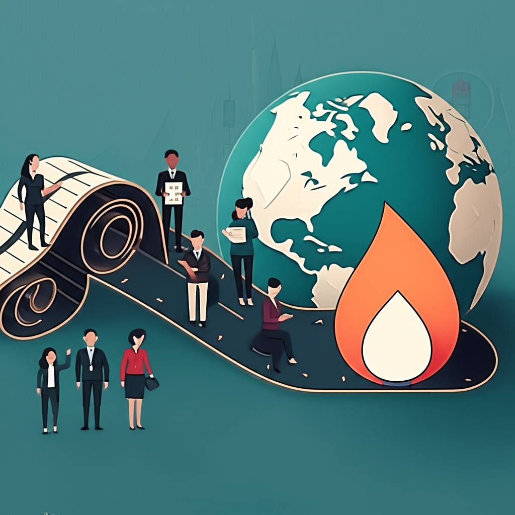 Illustration of a stock market ticker tape flowing into a natural gas flame icon, surrounded by diverse investors representing commodity diversification
