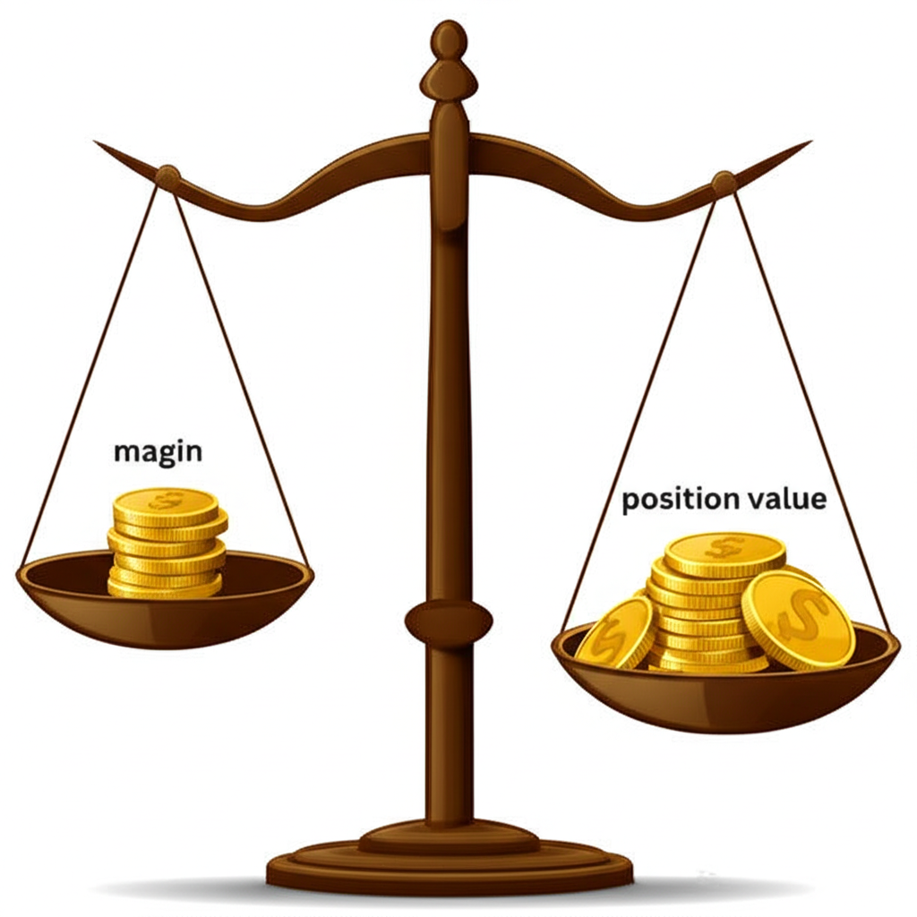 Illustration depicting a small pile of coins (margin) on one side of a scale, balancing a significantly larger pile of coins (position value) on the other, visually explaining the concept of leverage in CFD trading, highlighting amplified potential.
