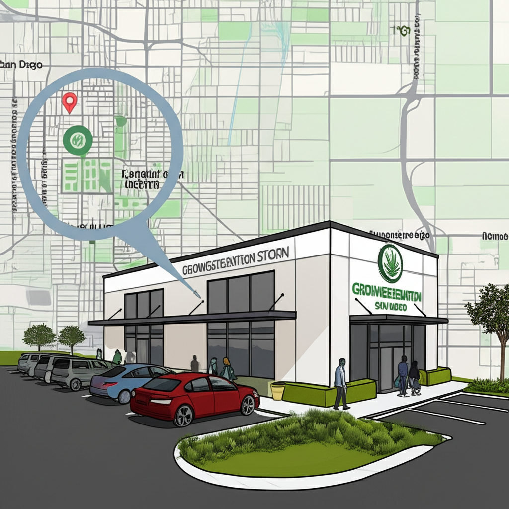 Modern GrowGeneration San Diego store with ample parking and convenient access