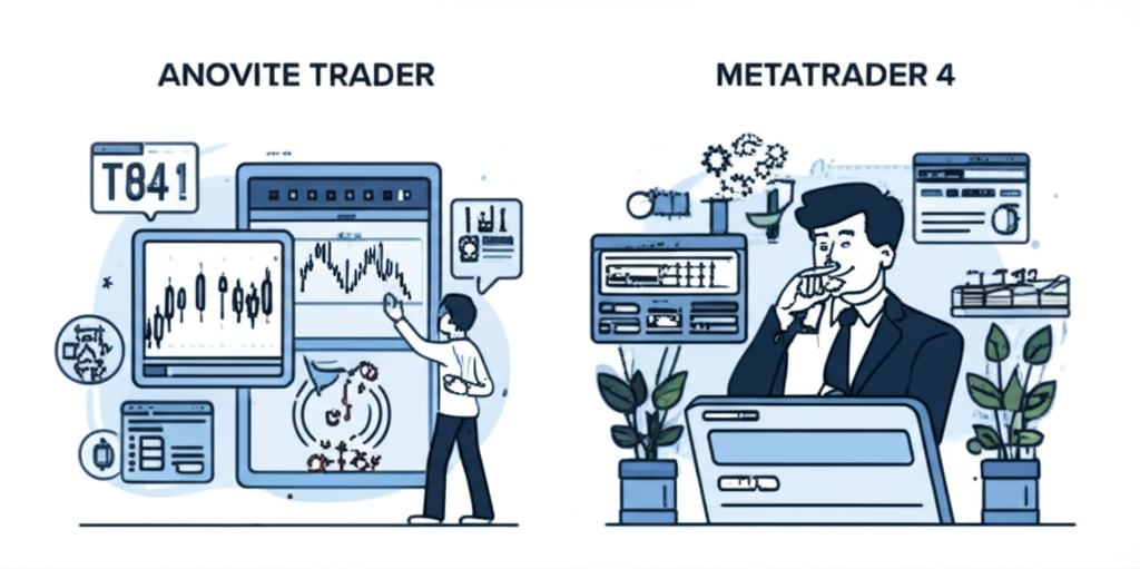 An illustration of a person (novice) transforming into a skilled trader using an MT4 platform, showing growth, confidence, and precision with analytical tools, illustration style