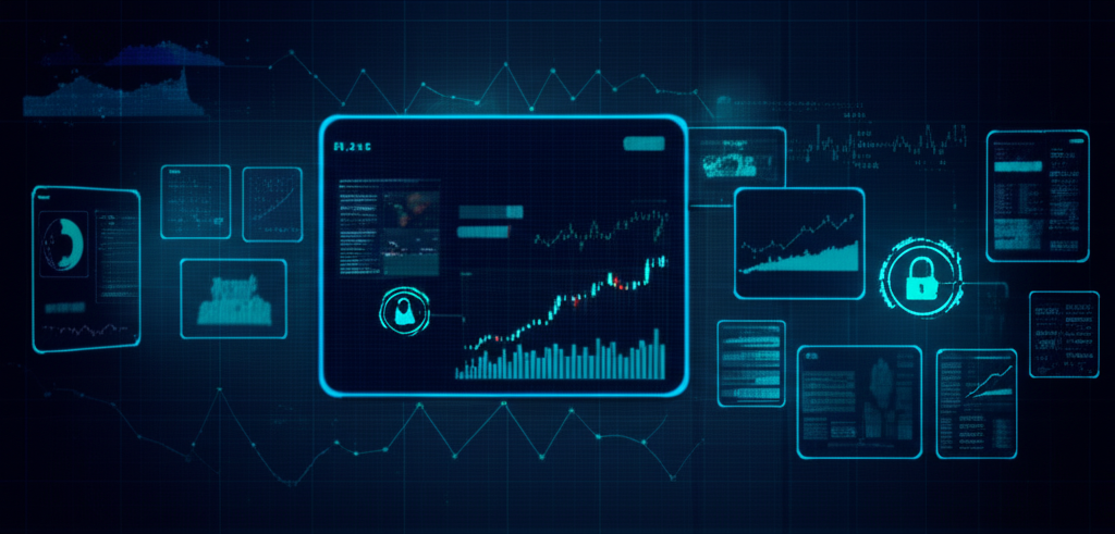 Digital trading platforms with secure interface highlighting encryption and real-time data flow