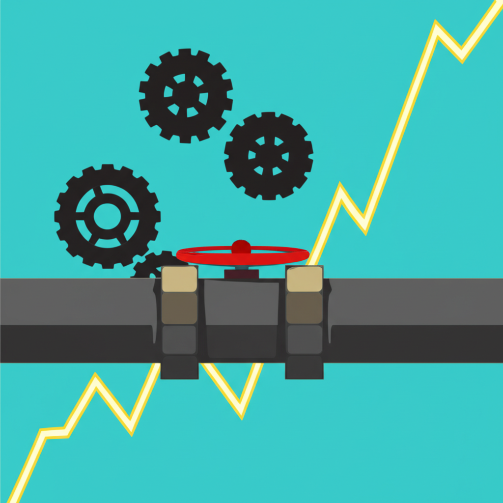 Illustration of a natural gas pipeline transforming into a stock chart, with simplified gears and levers showing the underlying mechanisms of an ETF