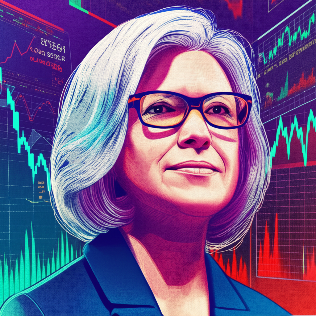 Illustration of Cathie Wood, a visionary investor, overseeing ARK Invest's dynamic trading of Coinbase shares, set against a backdrop of digital innovation and cryptocurrency market charts, vibrant colors.