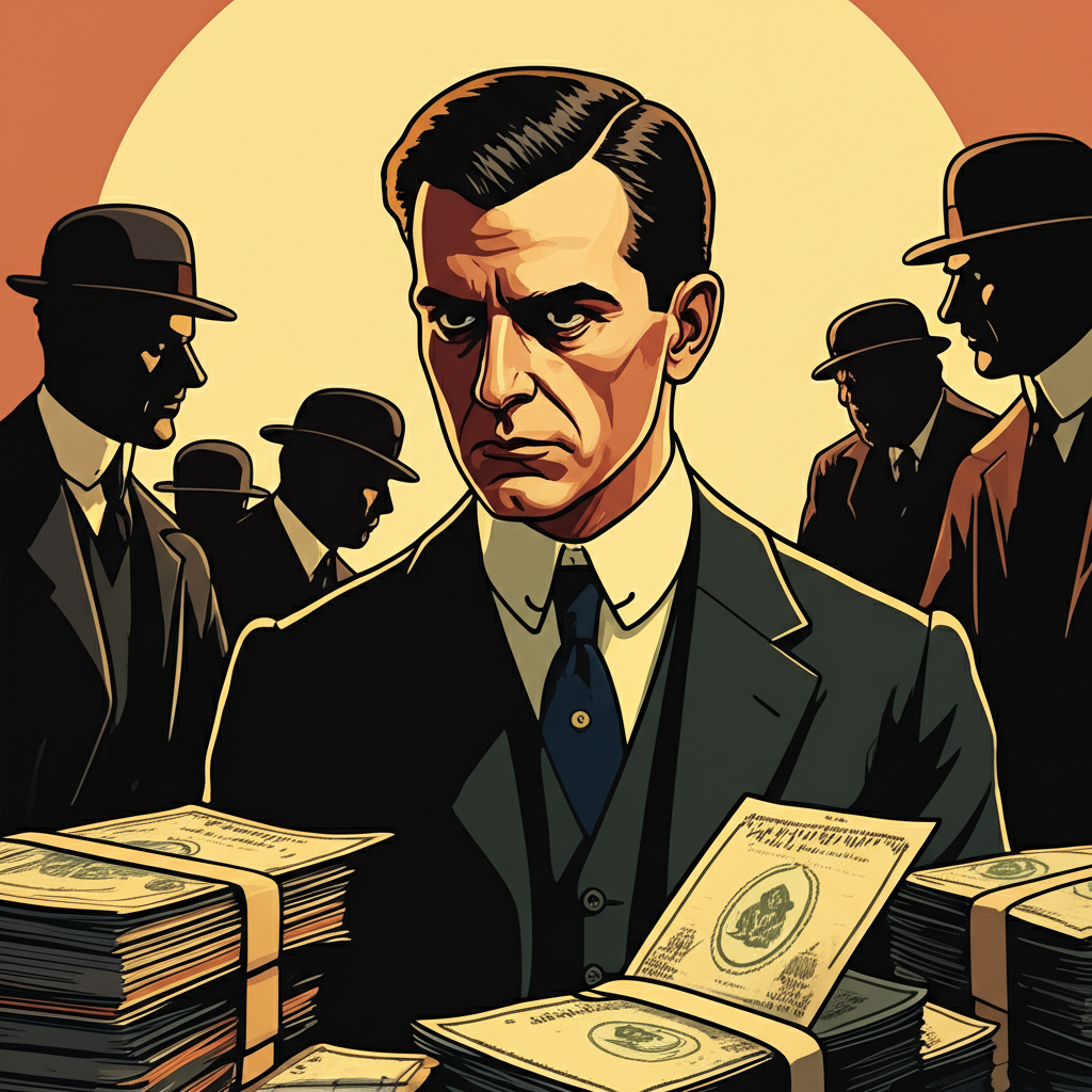 Clarence Saunders acquiring Piggly Wiggly stock certificates while shadowy short sellers loom in the background