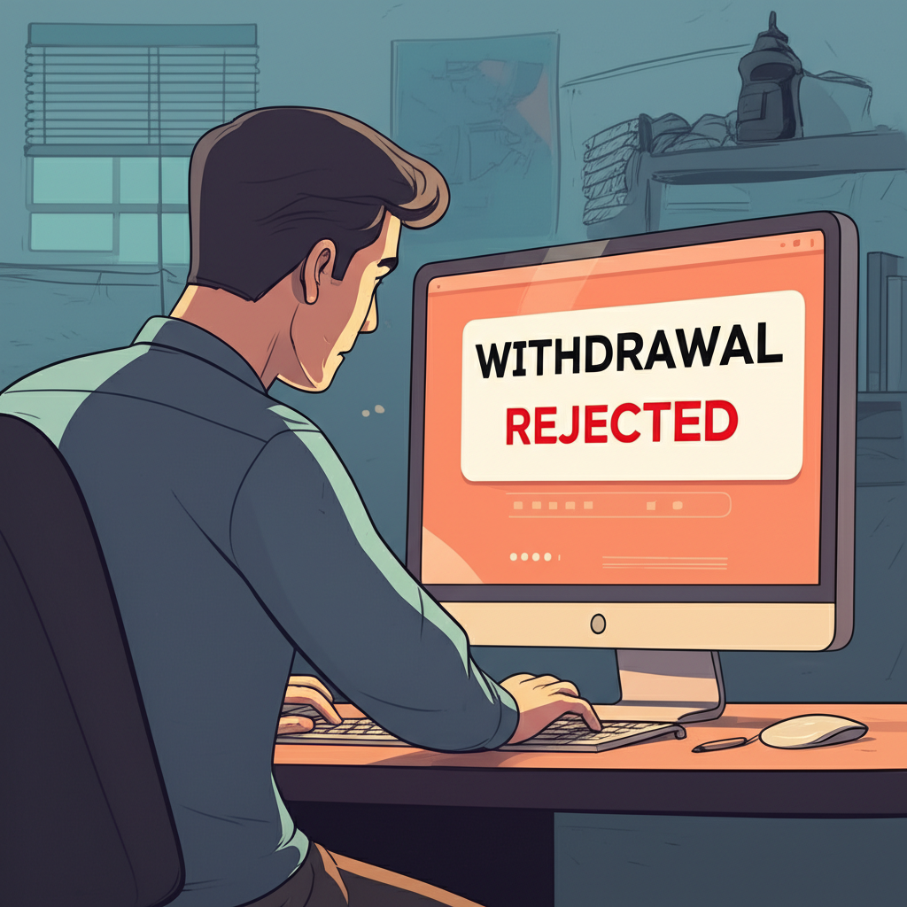 Illustration of a frustrated trader looking at a computer screen with a 'withdrawal rejected' message, in a Thai setting.