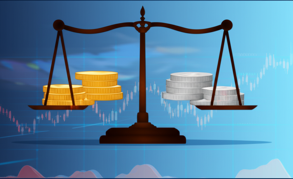 Gold and silver coins on a balance scale with economic charts in the background, symbolizing the gold to silver ratio as a market indicator