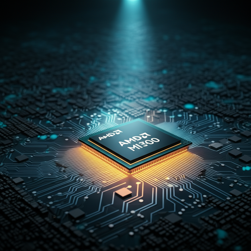 Illustration of AWS cloud infrastructure with a spotlight on AMD's MI300 AI chips, symbolizing strategic diversification in the AI hardware market