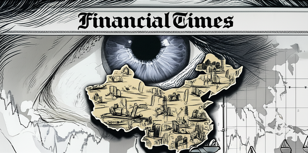 Illustration of a vigilant eye from a newspaper (Financial Times) observing Apple's operations in China, with economic graphs, ethical scales, and world map overlay, analytical style.