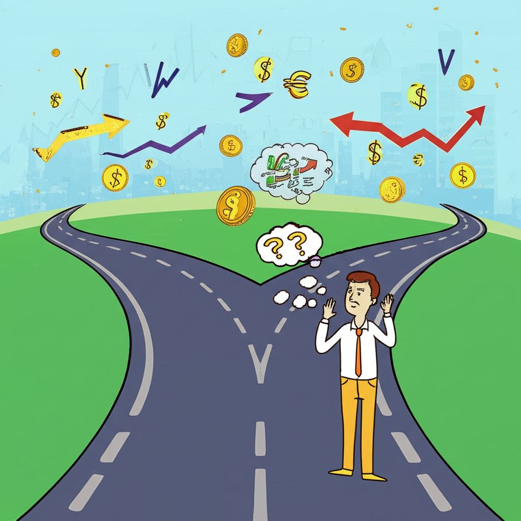 Illustration of two distinct paths diverging in a financial landscape, representing trading (fast, dynamic) and investing (steady, long-term), with a confused person at the crossroads, decoding their options.