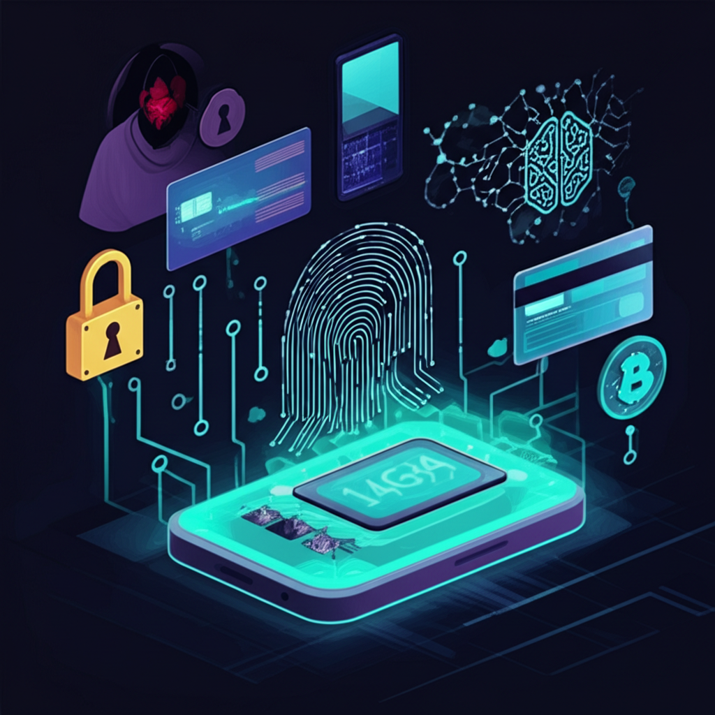 A rapidly expanding ecosystem of biometric technology, with growth projections reaching USD 140.86 billion by 2030. Visual elements representing cybersecurity threats, digital transactions, and AI advancements, all fueling market expansion, illustration style