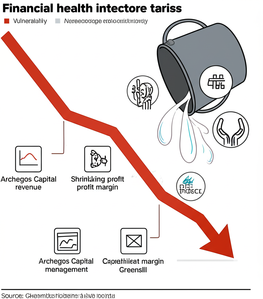 Illustration of a bank's financial health indicators showing vulnerability: declining revenue graphs, shrinking profit margins, and a leaky bucket symbolizing client outflows. Small, distinct icons represent risk management failures like Archegos and Greensill, in a detailed illustration.