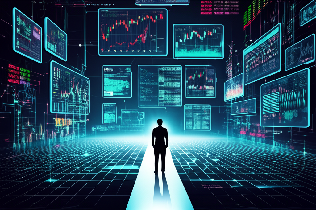 A person navigating a digital landscape of trading platforms and financial charts, symbolising UK options trading with a guide showing a clear path