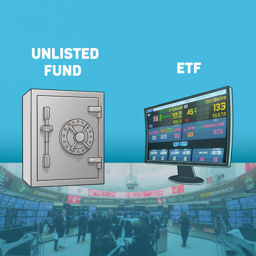 Visual comparison of unlisted fund vs ETF, showing tradability, accessibility, and real-time pricing for Australian investors
